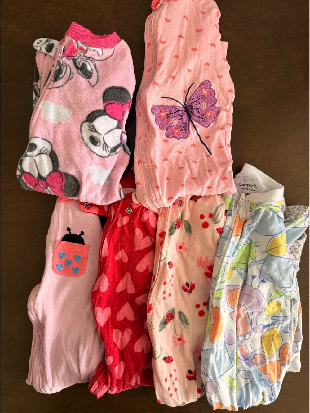 Lot of 6 Baby/Toddler Girl Footed Pajamas Minnie Mouse, Butterfly & Heart Prints